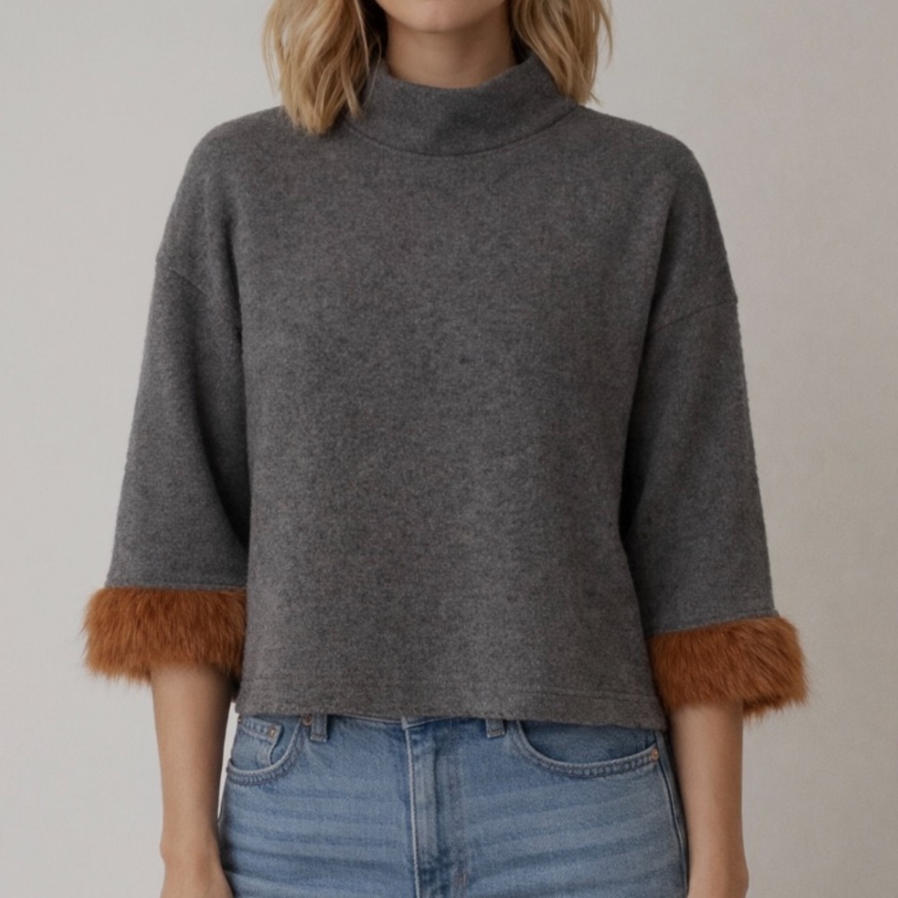 ZARA Gray Mock Neck Knit Sweater Faux Fur Cuffs Short Cozy Statement S/M